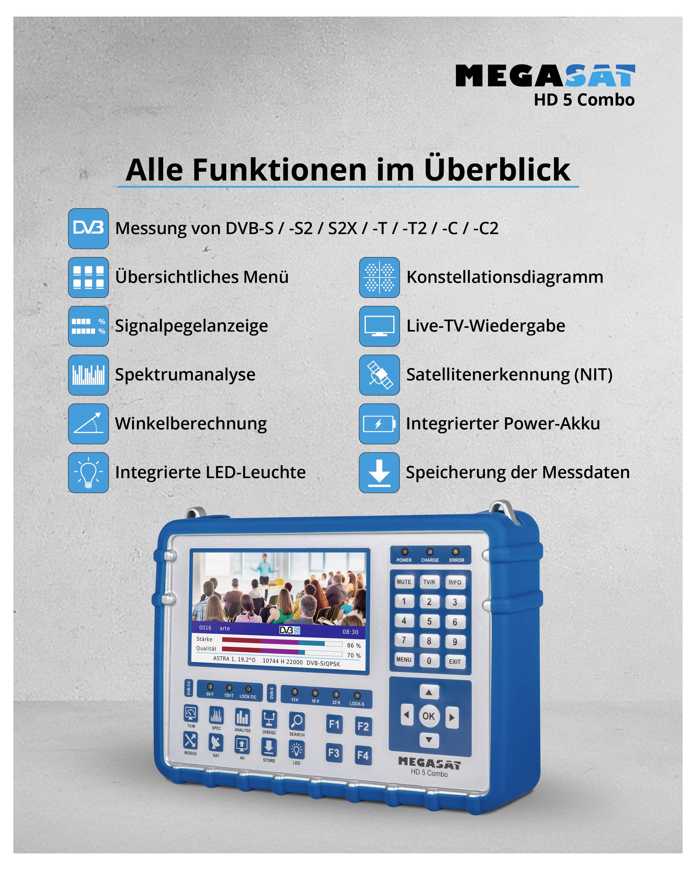 Poster of Megasat HD 5 Combo with Features: DVB Measurement, Spectrum Analysis, Angle Calculation, LED, Constellation Diagram, Live TV, Power Battery.