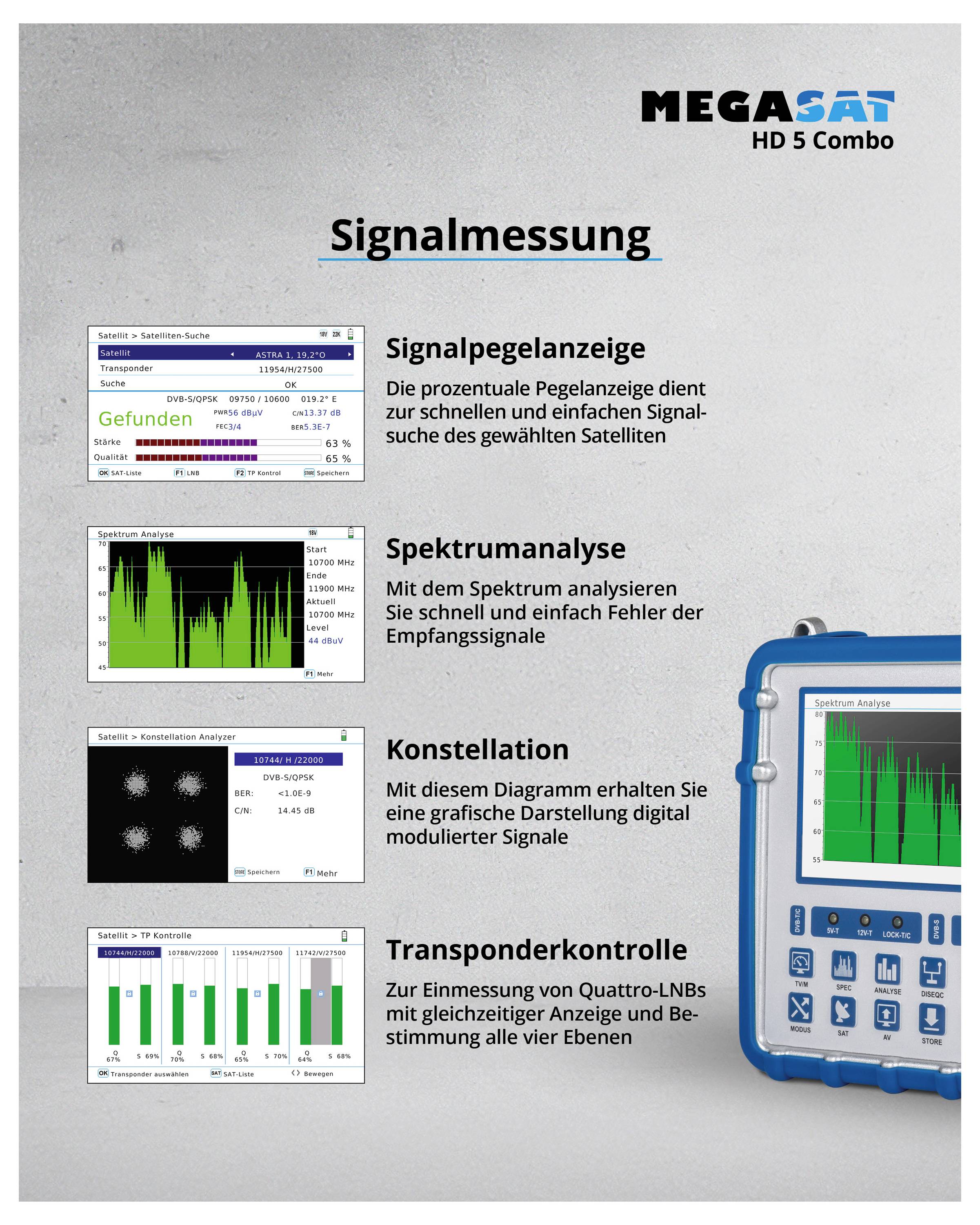 MEGASAT HD 5 Combo: Signal Level Indication, Spectrum Analysis, Constellation, Transponder Control with Graphics and Measurement Device Display.