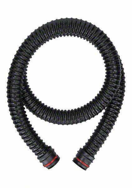 A flexible black hose, coiled in a circle-like shape, with red markings at the ends.
