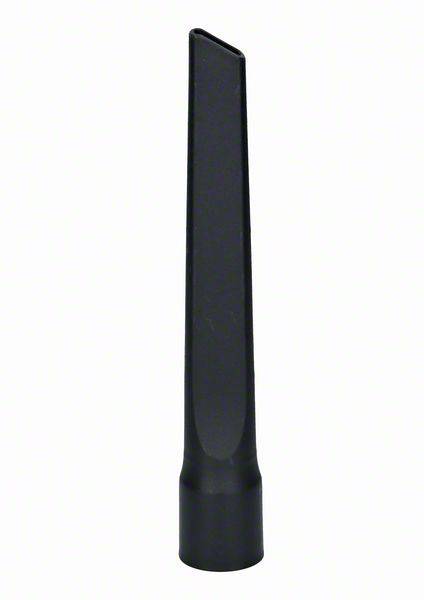 Nozzle of a vacuum cleaner, most likely suitable for tight spaces. It is long, narrow and made of black material.