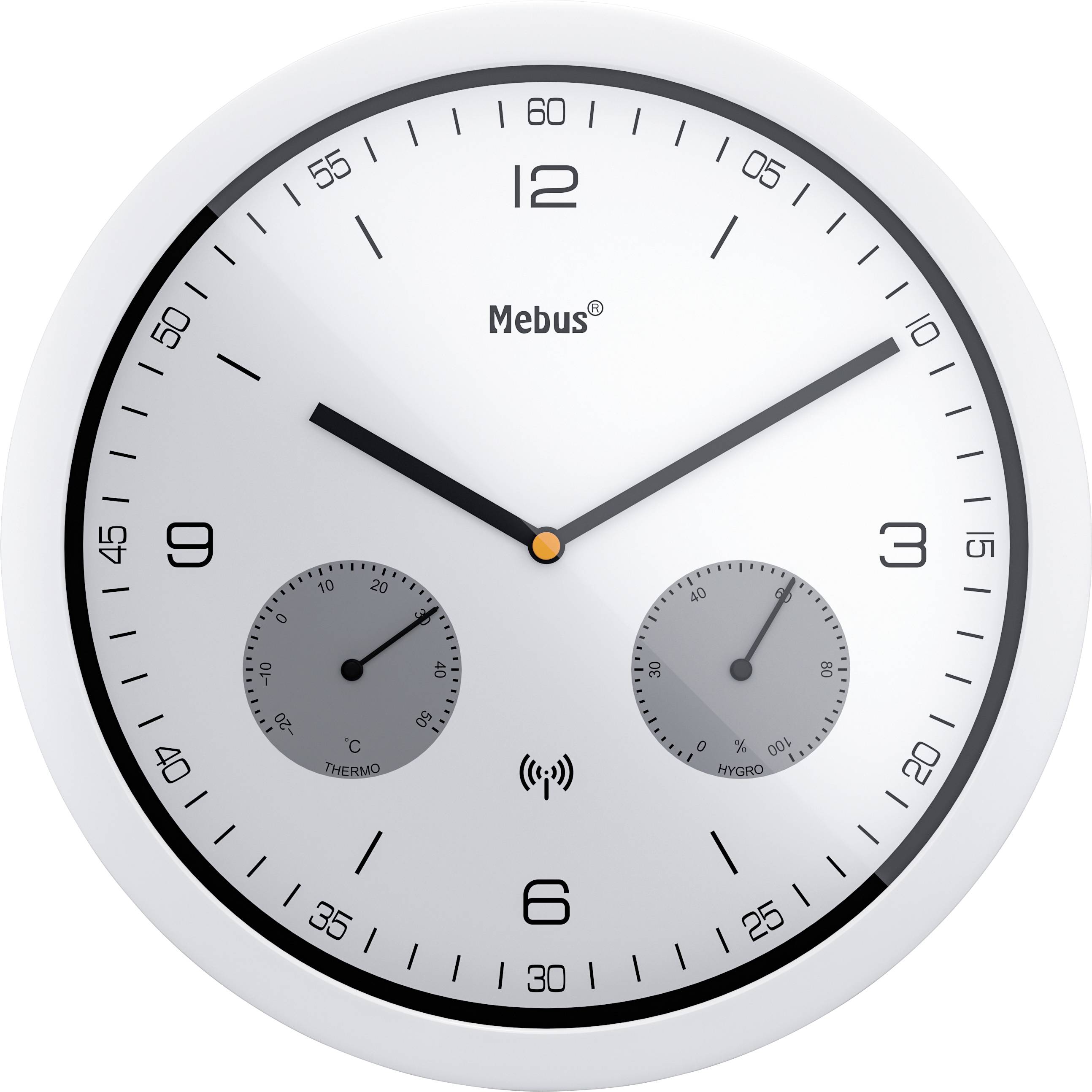 A round wall clock with black hour and minute hands and an orange-tipped second hand displays the time. Two smaller dials show temperature and humidity.