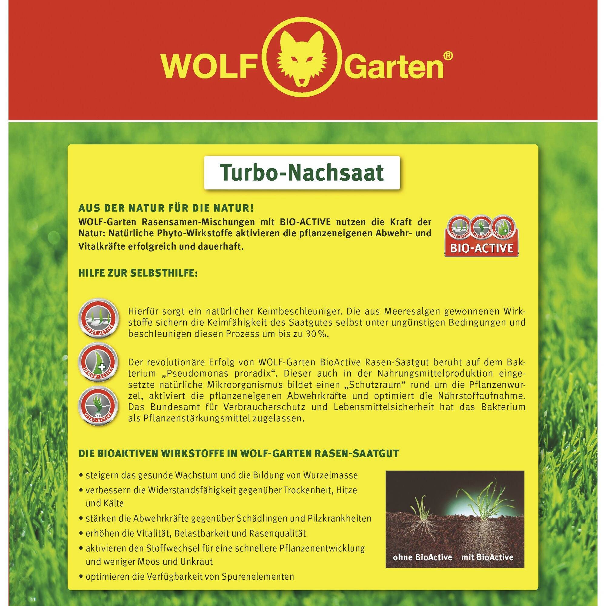 'Wolf Garten Turbo Re-seeding' Packaging. Description of the benefits of Bio-Active Plant Strengthening. Contains information on natural germination aids and soil improvement.