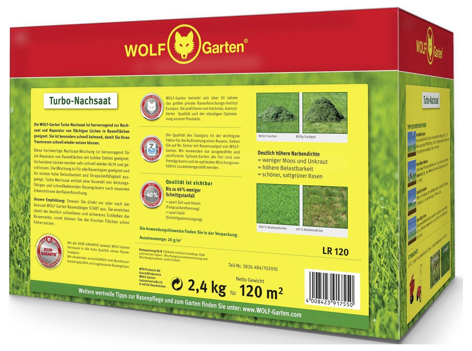 The packaging displays the Turbo Over-seeding from WOLF-Garten for lawn areas up to 120 m². Contains product information and application tips.