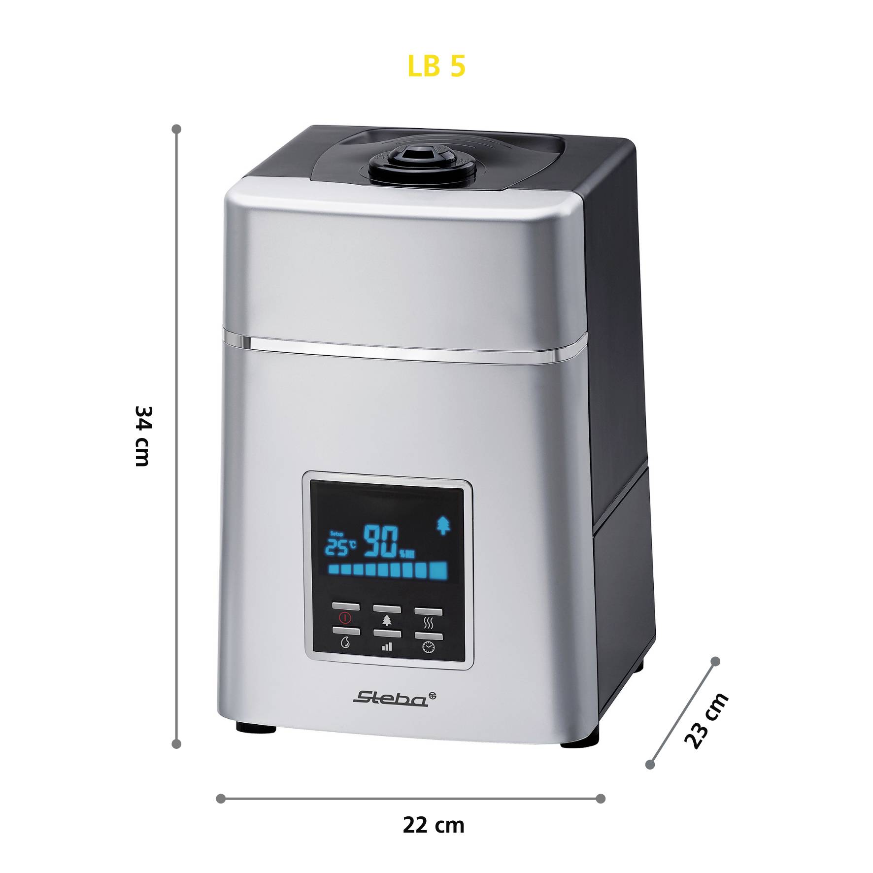 A silver air humidifier with a black display shows 90% humidity. Dimensions: 34 cm high, 22 cm wide, 23 cm deep.