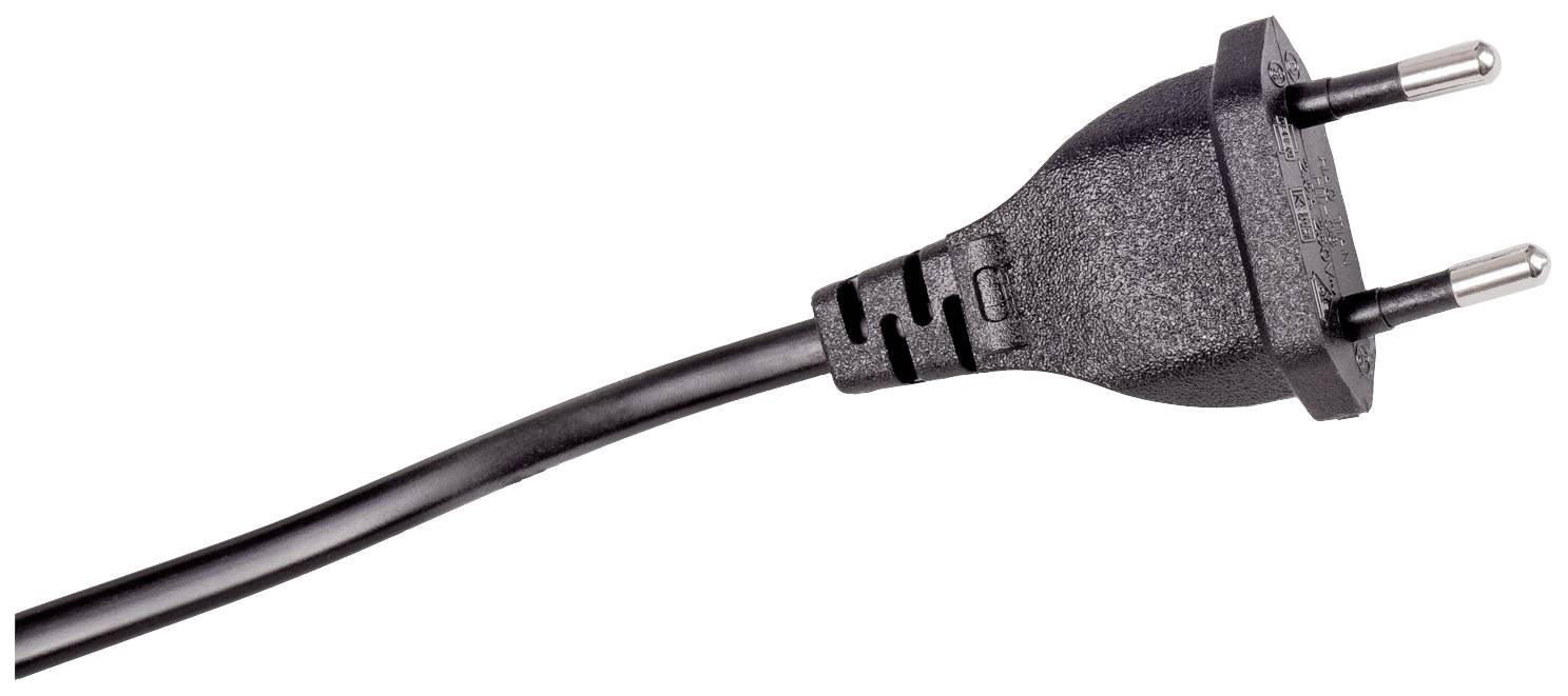 Black European plug on a cable, suitable for European power sockets, against a white background.