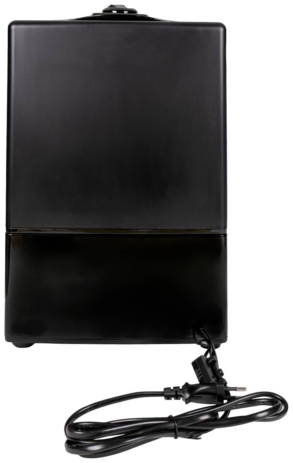 A black electric dehumidifier with a power cable lies against a white background.