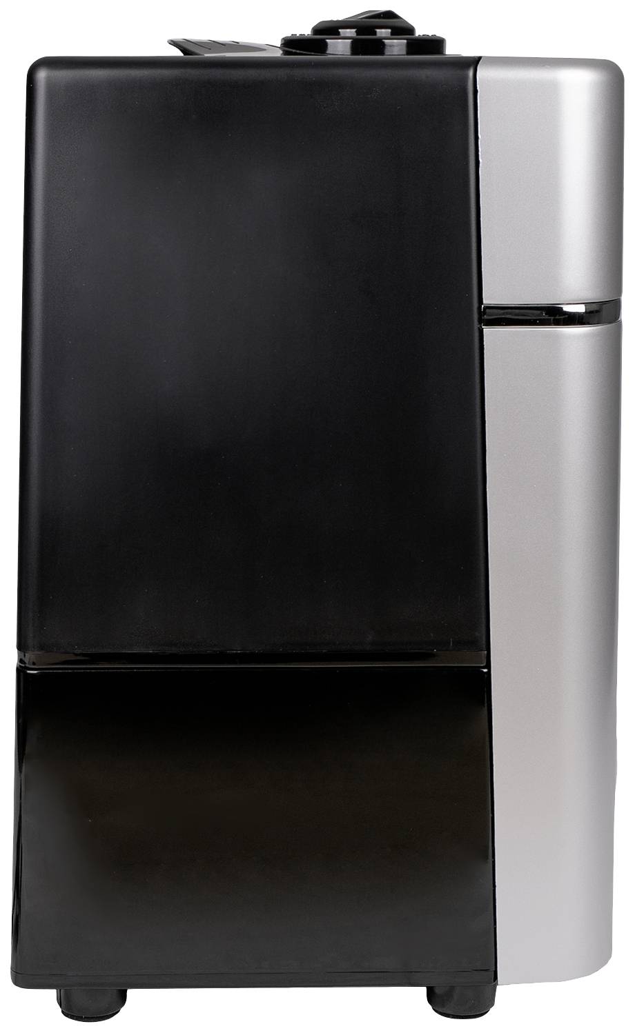 A black and silver dehumidifier with a large, rectangular casing and a control panel on top.