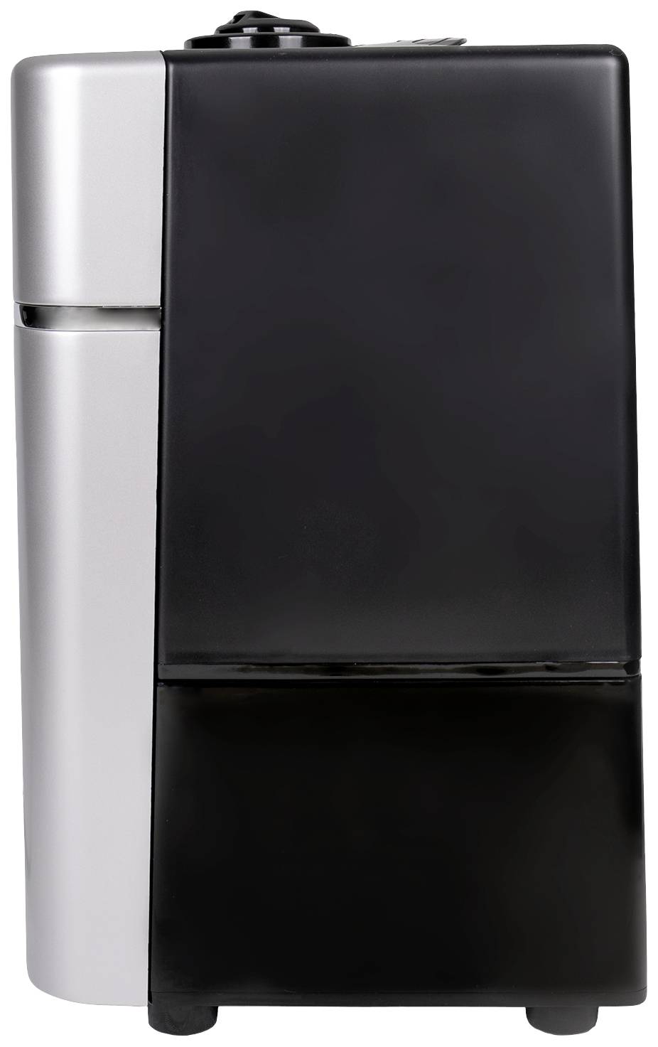 A small, rectangular, black and silver mini-fridge. Perfect for offices or bedrooms.