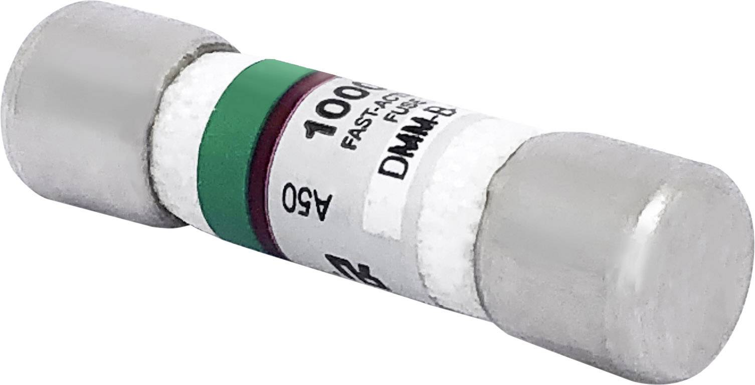 Small glass fuse with the inscription '100 mA Fast Acting Fuse'. It has metal end caps and a green stripe in the middle.