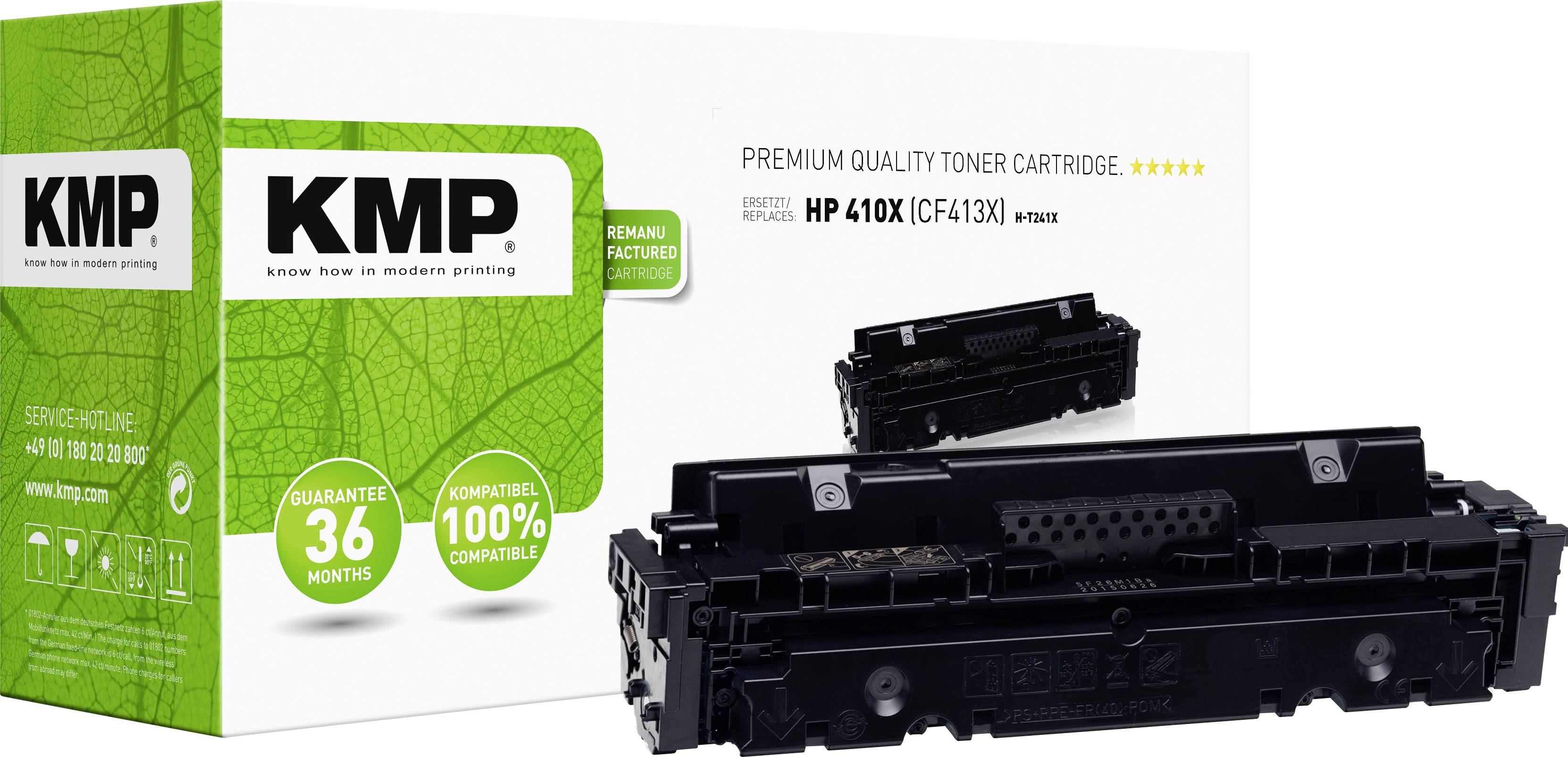 'Premium Quality Toner Cartridge' by KMP for HP 410X Printer Models. Packaging with green leaf pattern and product certifications.