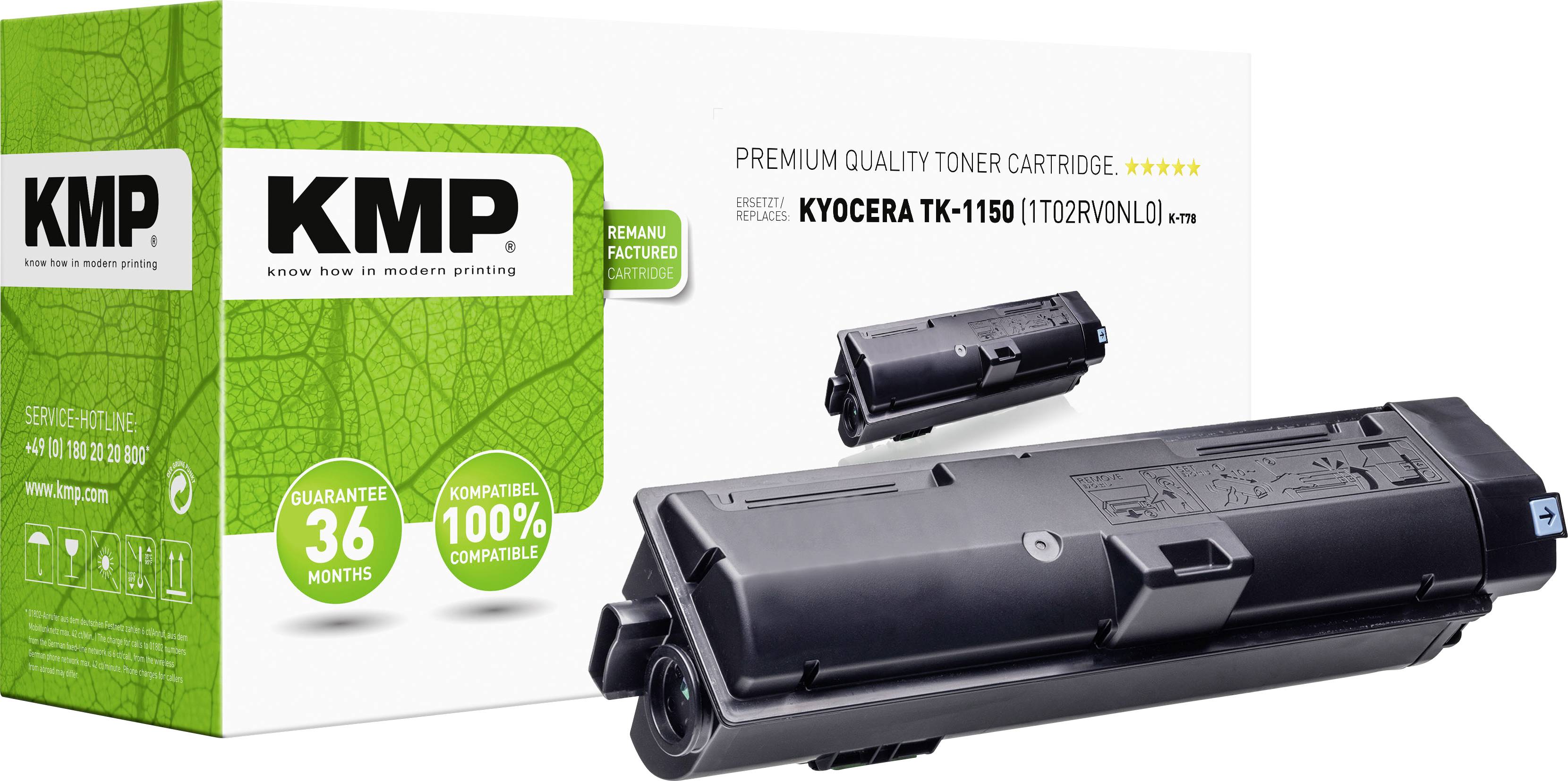 KMP cartridge for Kyocera printer, Model TK-1150. Packaging promises 36 months warranty and 100% compatibility.