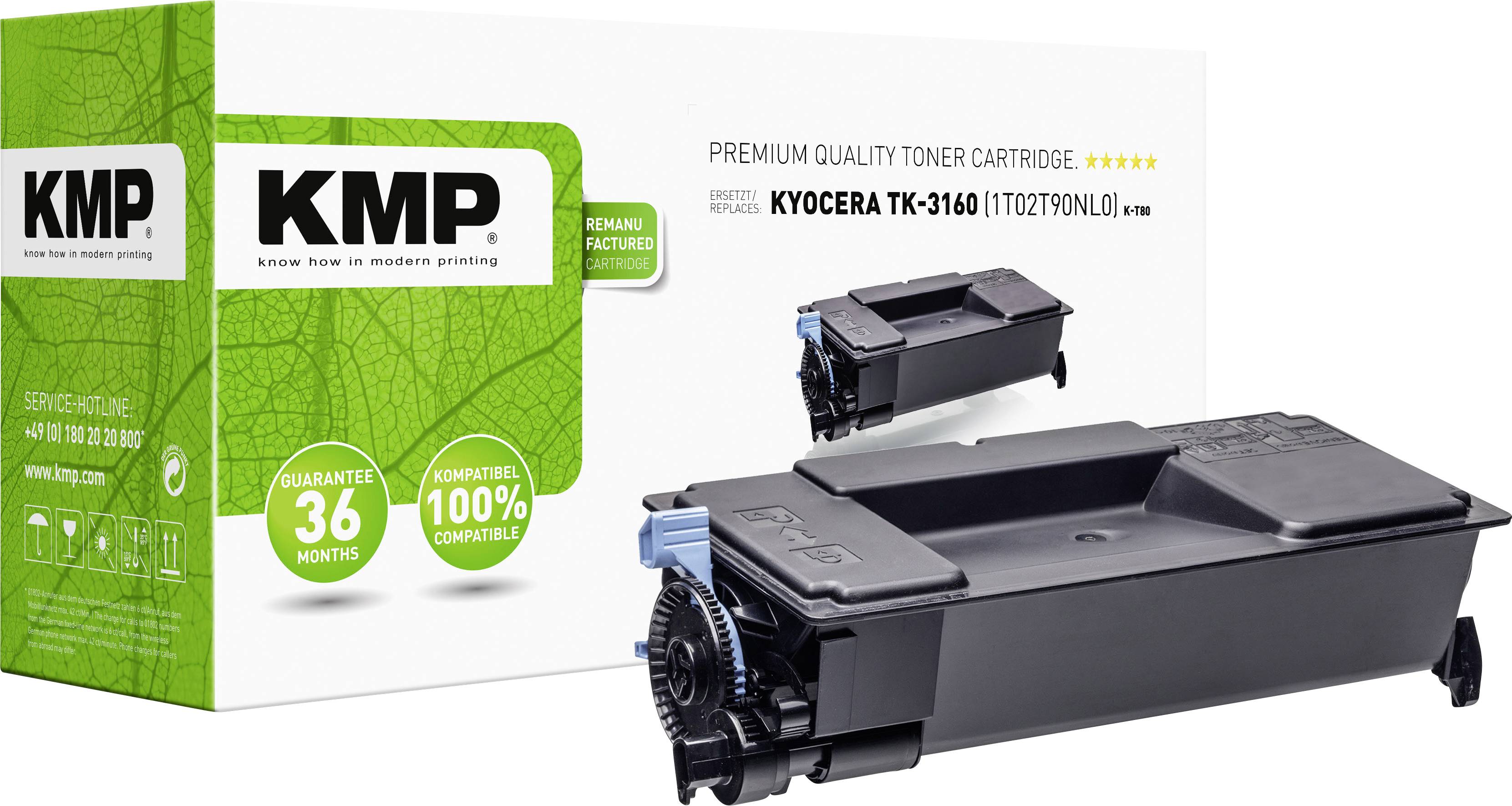 A black toner cartridge in front of packaging printed with 'KMP', 'KYOCERA TK-3160', '36 months warranty', '100% compatible'.