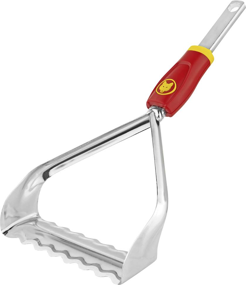 A galvanised garden tool with a red handle, suitable for weeding and loosening soil. Perfect for gardening tasks.