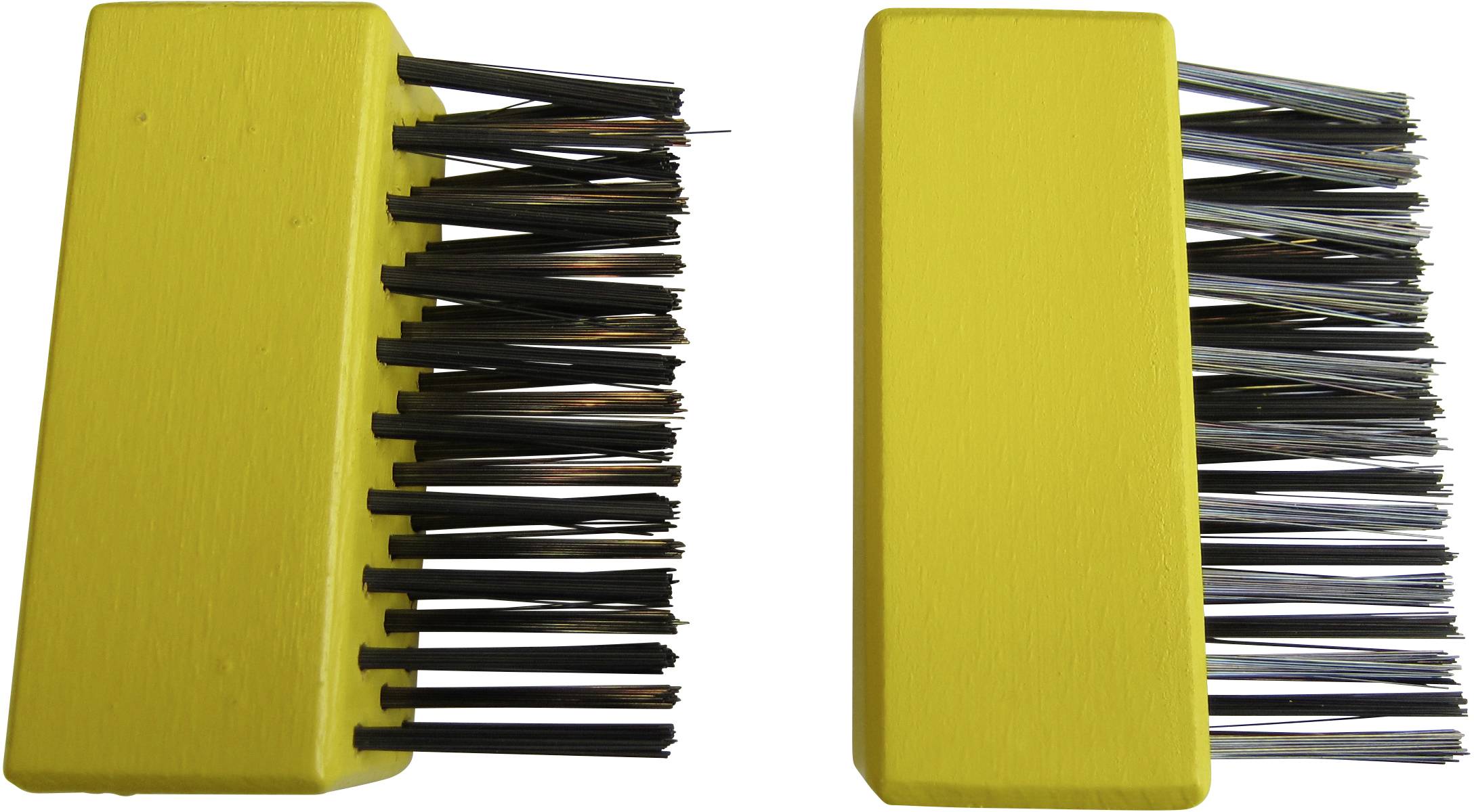 Two yellow brushes with black bristles, one on the left with shorter bristles, one on the right with longer, more densely arranged bristles.