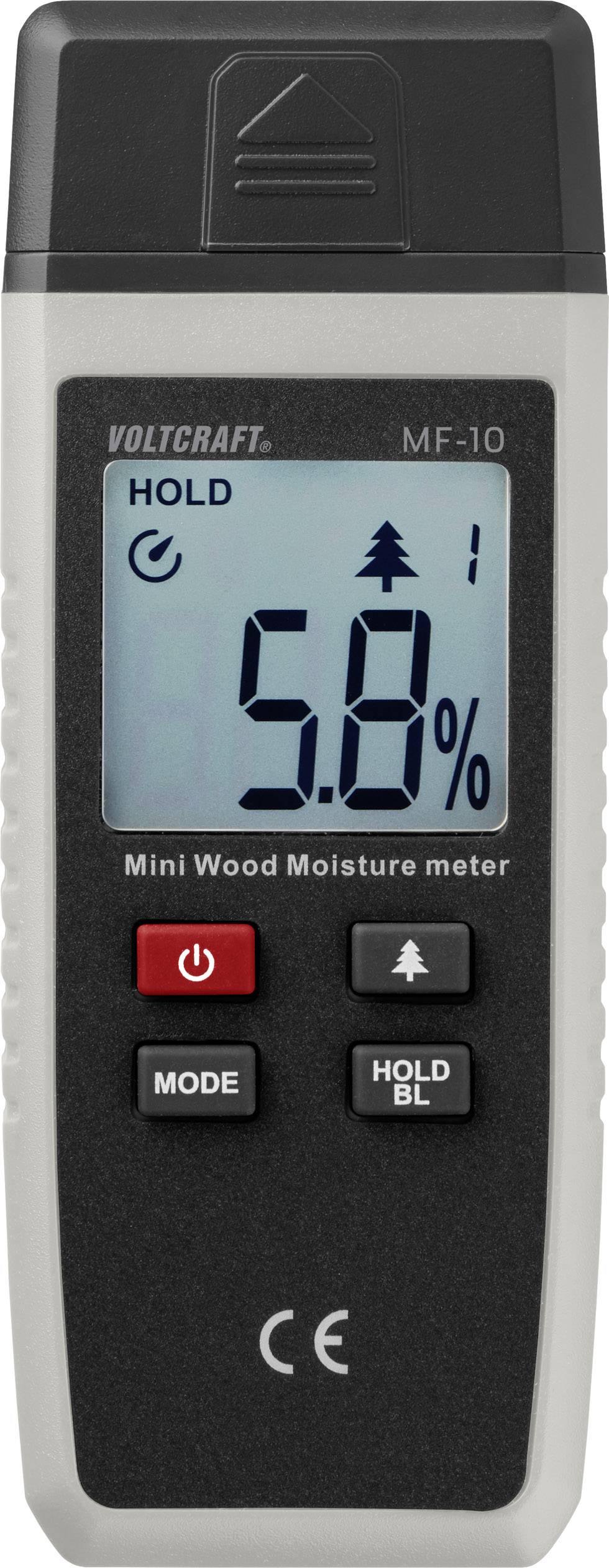 Digital wood moisture metre shows 5.8% reading on blue display. Buttons for mode and lighting are underneath.