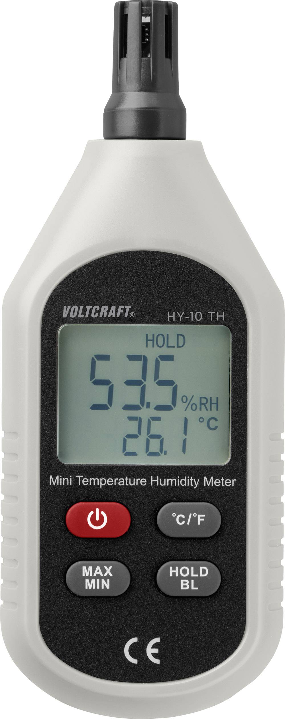 Digital thermo-hygrometer displaying '53% RH' humidity and '26.1°C' temperature on LCD screen. Buttons for maximum and minimum readings.