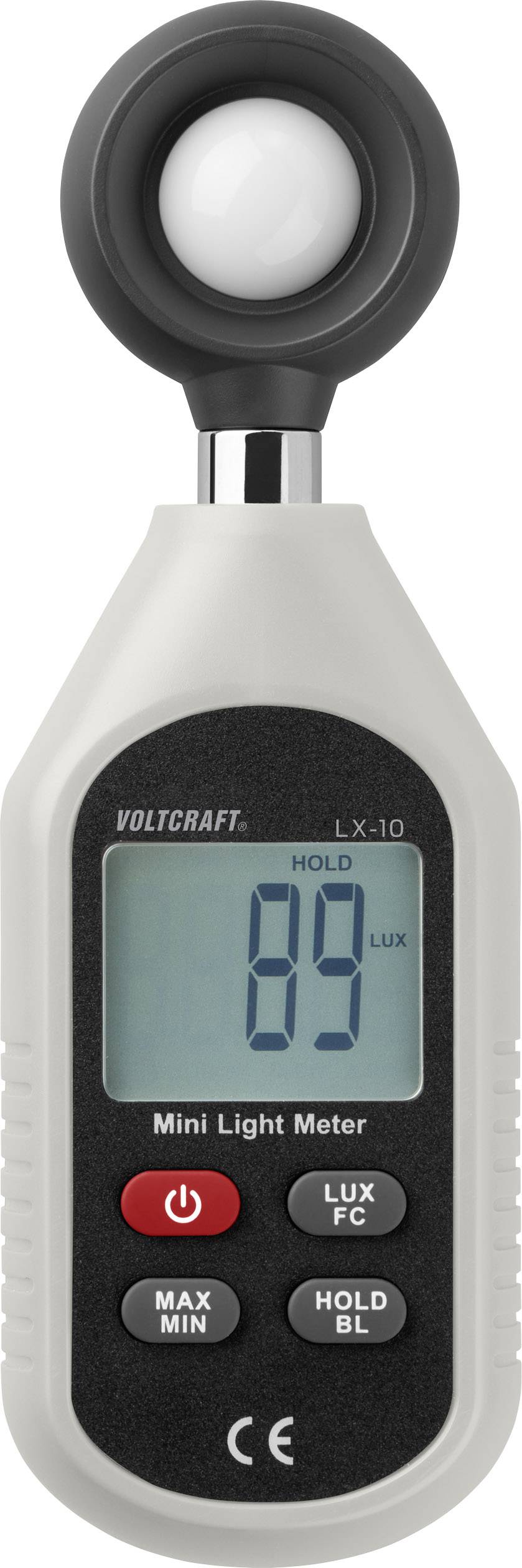 A mini luxmeter shows a measurement reading of 89 lux. It has a sensor lens on top, a digital display, and buttons for operation.