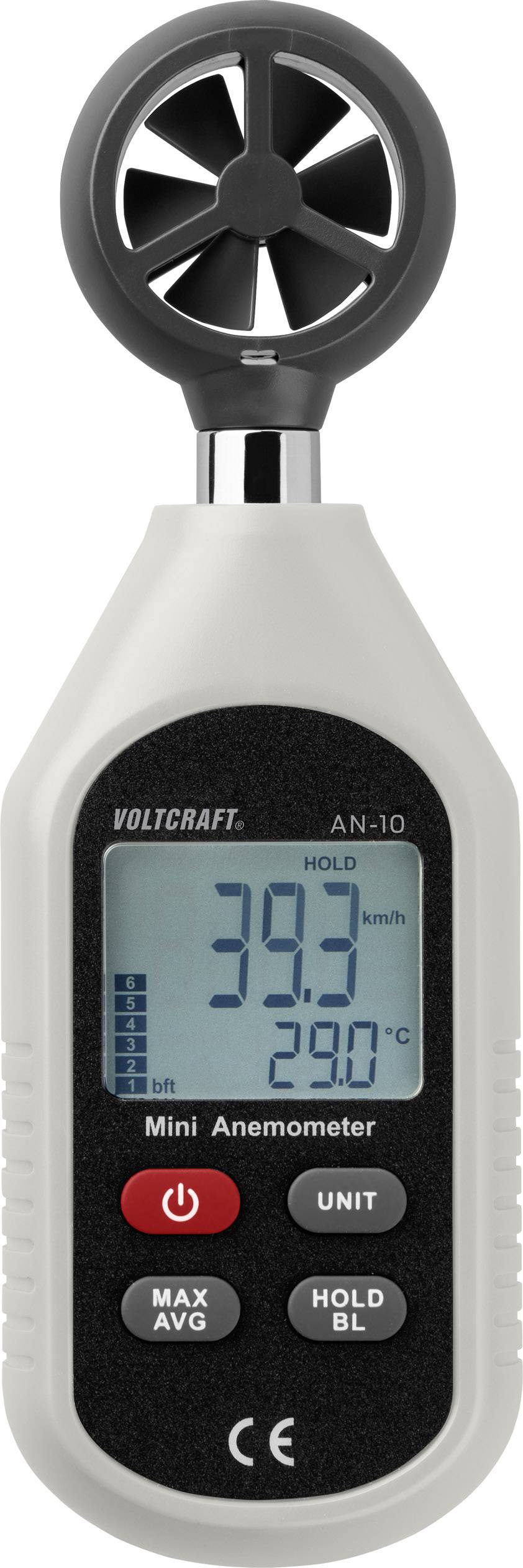 A mini-anemometer displays a wind speed of 39.2 km/h and a temperature of 29.0°C on a digital display.