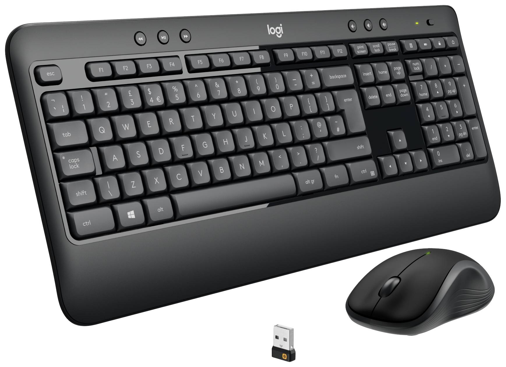 Wireless keyboard and mouse with USB receiver from 'Logi'. Keyboard features multimedia keys. Mouse ergonomically designed. Ideal for office use.