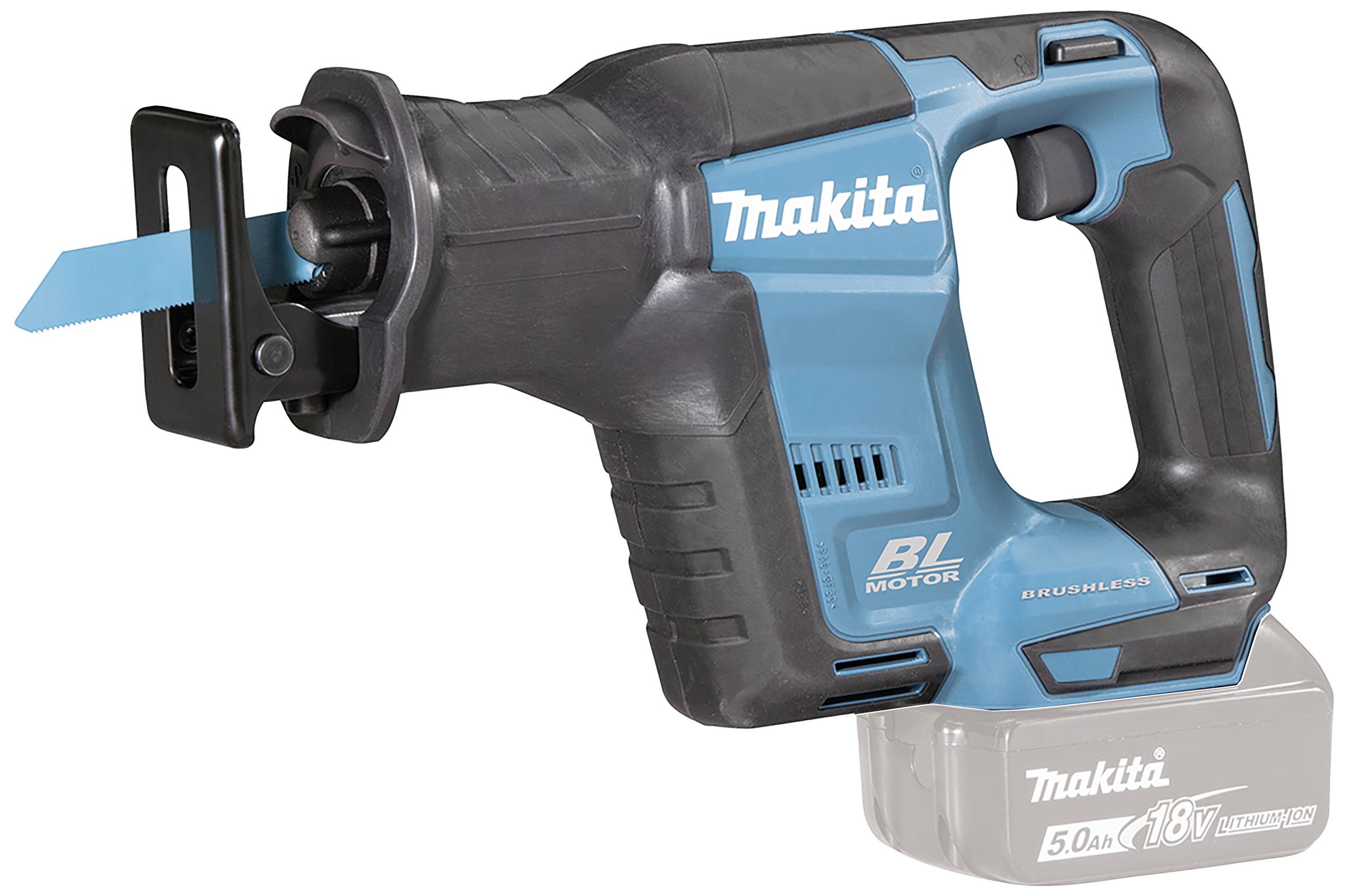 Makita cordless reciprocating saw with BL Motor, in blue and black, with a blue saw blade, without battery inserted.