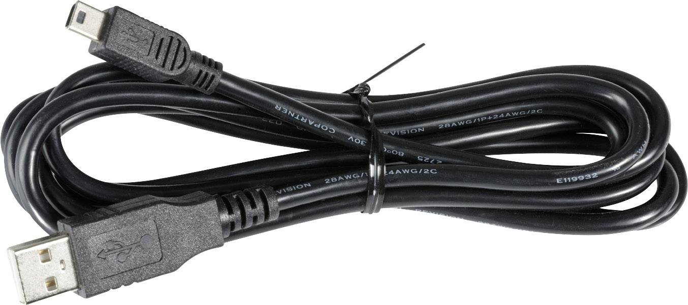 Black USB cable with standard and mini USB connectors, coiled and secured with a cable tie.