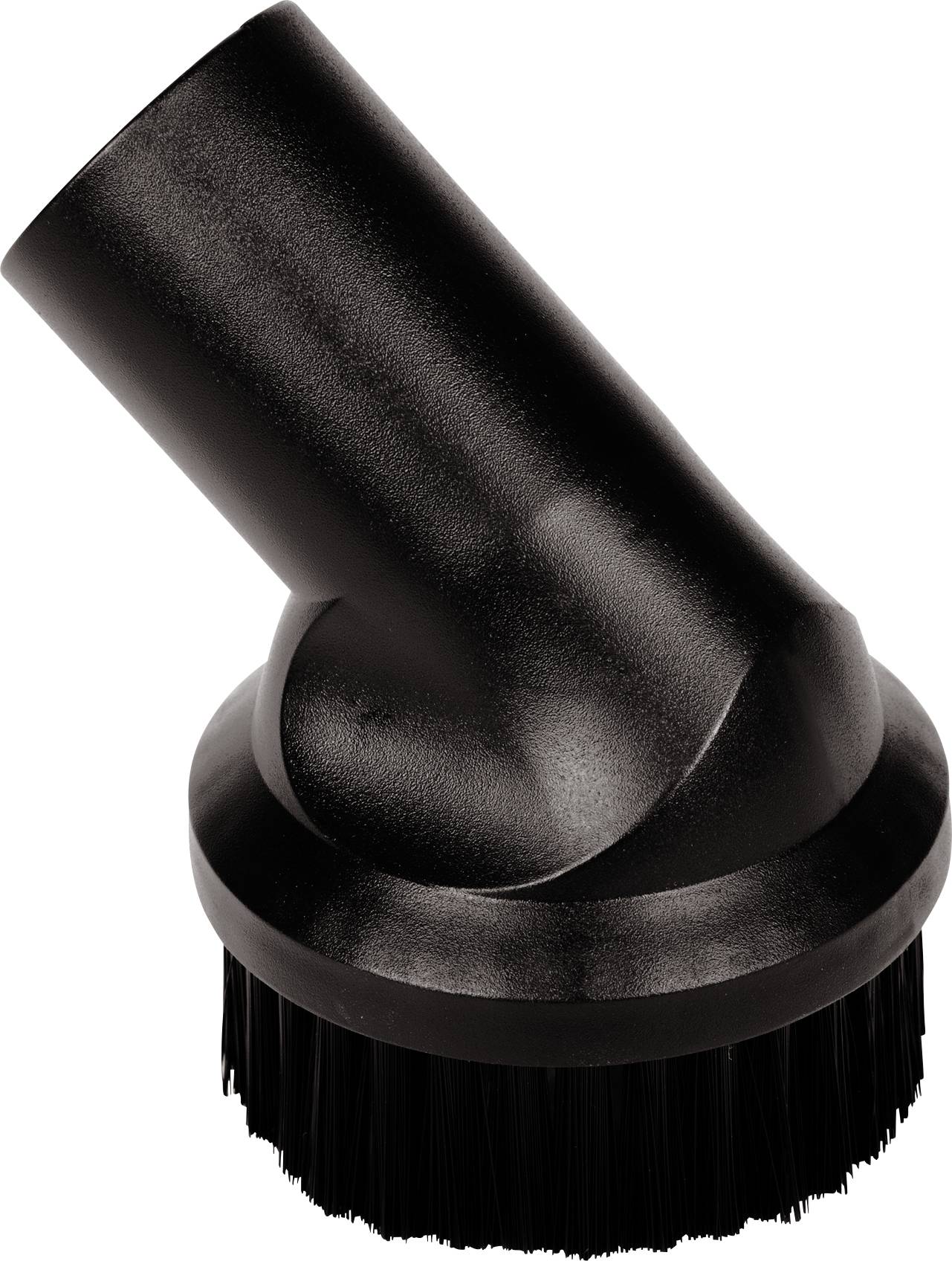 Black vacuum cleaner brush attachment with angled nozzle and round bristle base on a white background.