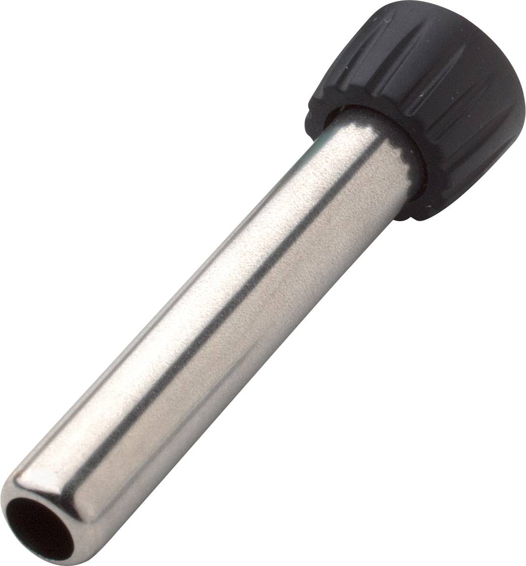 A silver metal cylinder with a black, ribbed plastic lid, possibly a small pipe or hose connector.