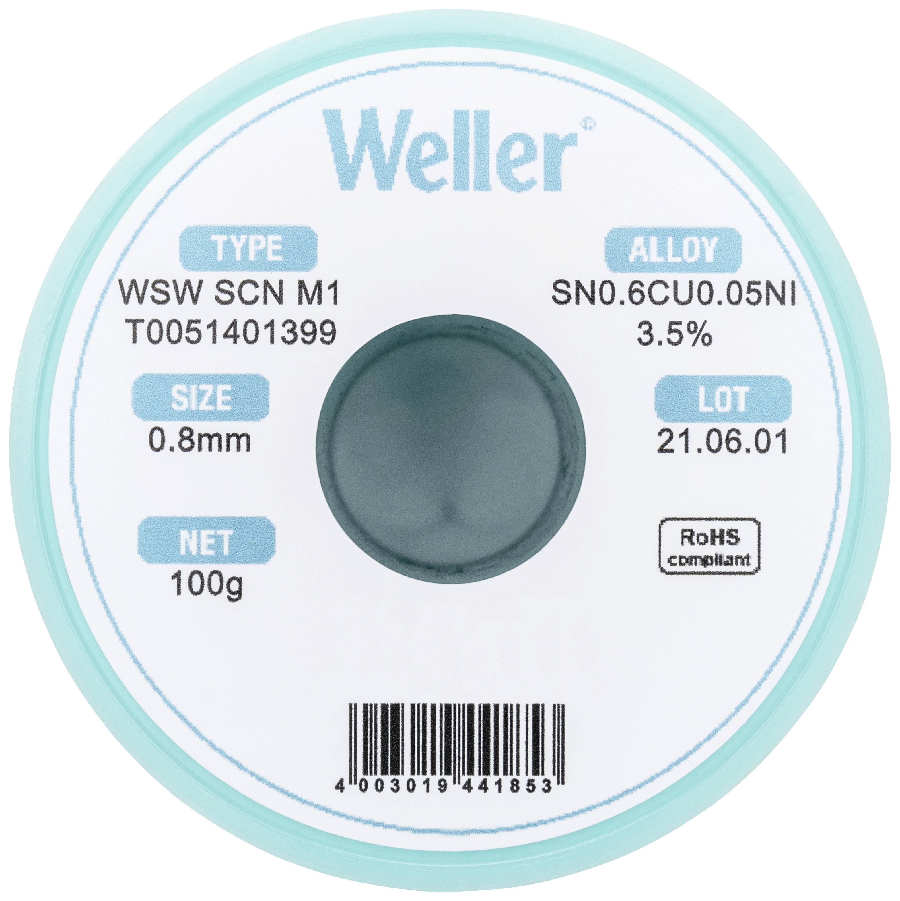 Weller Solder, Type WSW SCN M1, Size 0.8 mm, Net Weight 100g. Alloy SN0.6CU0.05NI. Batch 21.06.01, RoHS Compliant.