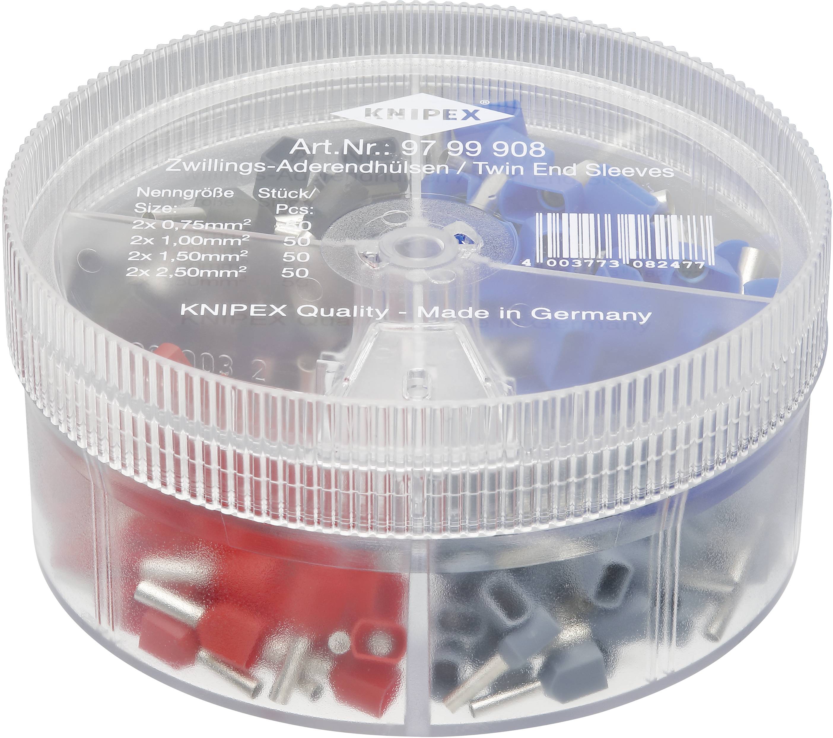 A transparent plastic container holds multicoloured cable end sleeves by the brand KNIPEX, with the inscription 'Made in Germany'.