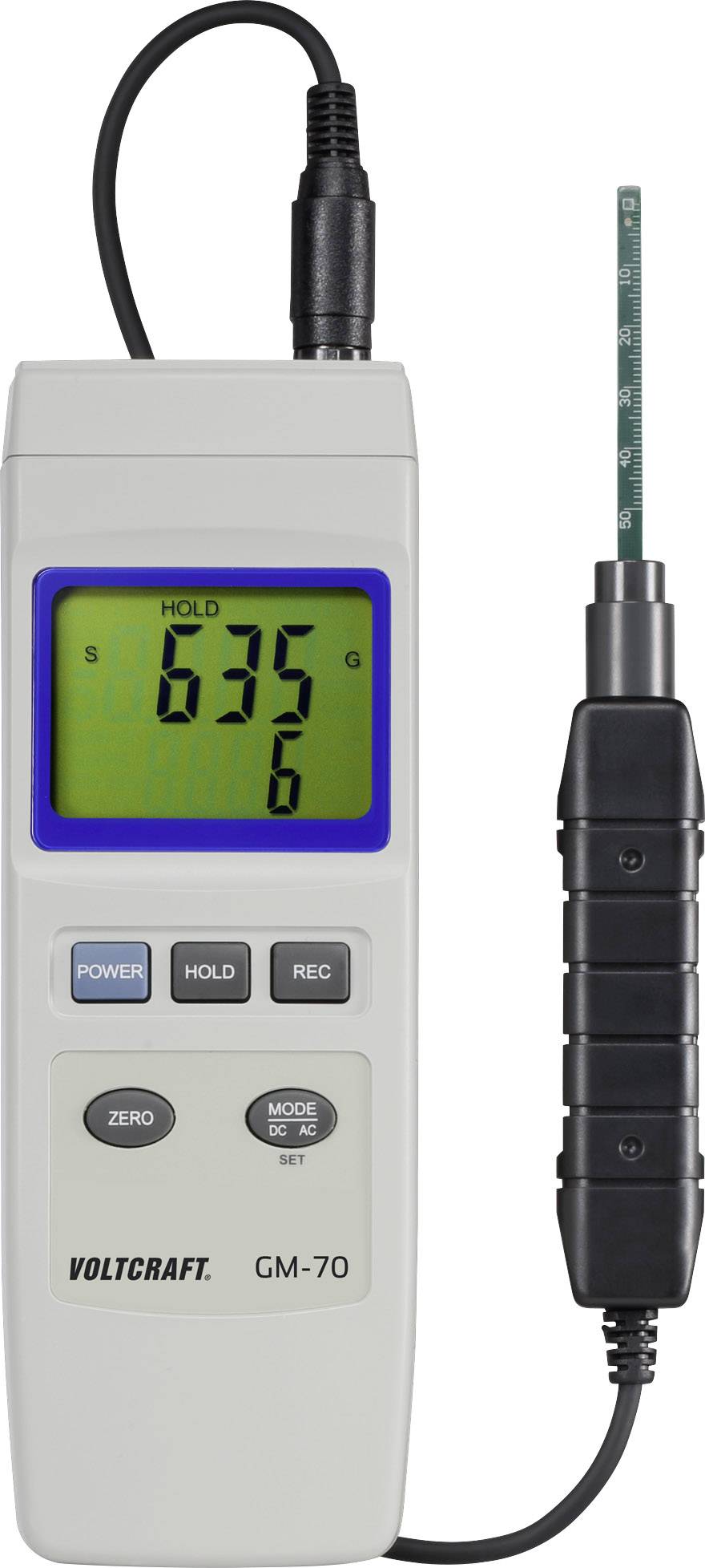 Portable Anemometer Device, displaying 6.35 on the screen. Contains buttons for Power, Hold, Mode, Zero. Connected with cable and measuring probe.