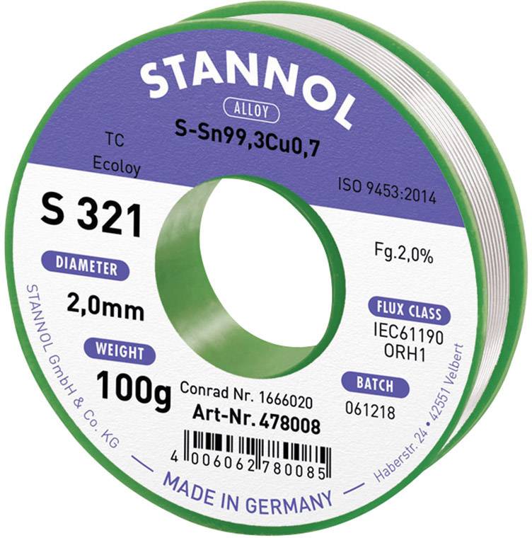 Stannol S321 2,0% 2,0MM SN99,3CU0,7 CD 100G Solder, lead-free Lead-free, Reel Sn99,3Cu0,7 ORH1 100 g 2 mm