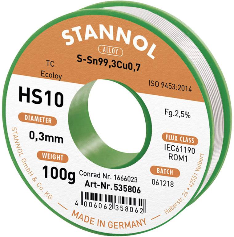 Label of a Stannol solder wire reel, Model HS10, alloy S-Sn99.3Cu0.7, diameter 0.3 mm, weight 100 g, flux classification ROM1.