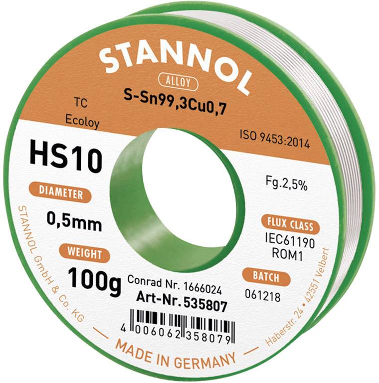 Solder tin reel with inscription: 'Stannol', alloy S-Sn99.3Cu0.7, diameter 0.5mm, weight 100g, flux class RFC ROM1, manufactured in Germany.