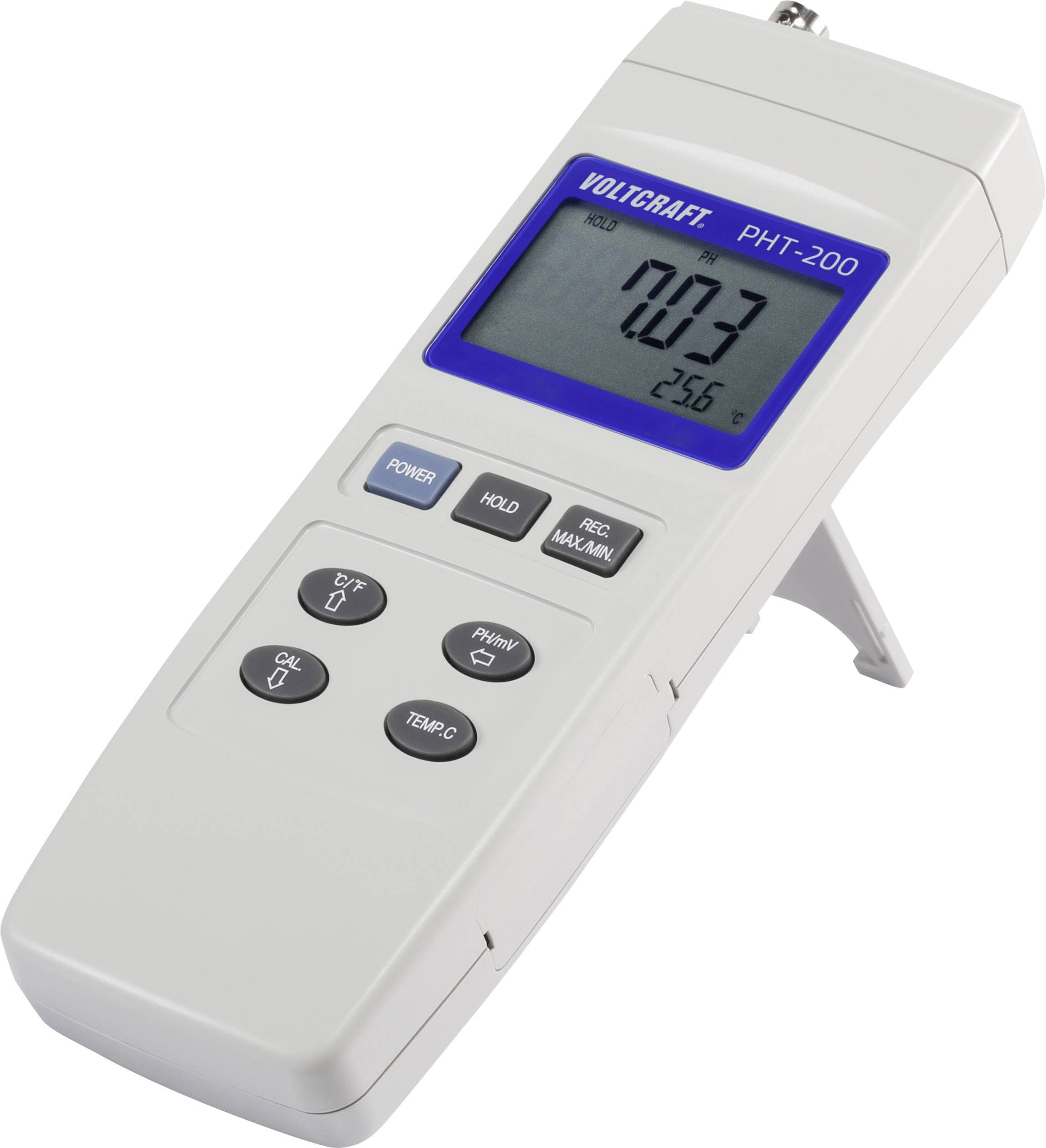 Voltcraft PHT-200 testing device with display, shows pH value 0.03, temperature 25.6°C. Buttons: POWER, HOLD, CAL. Portable, digital measuring instrument.
