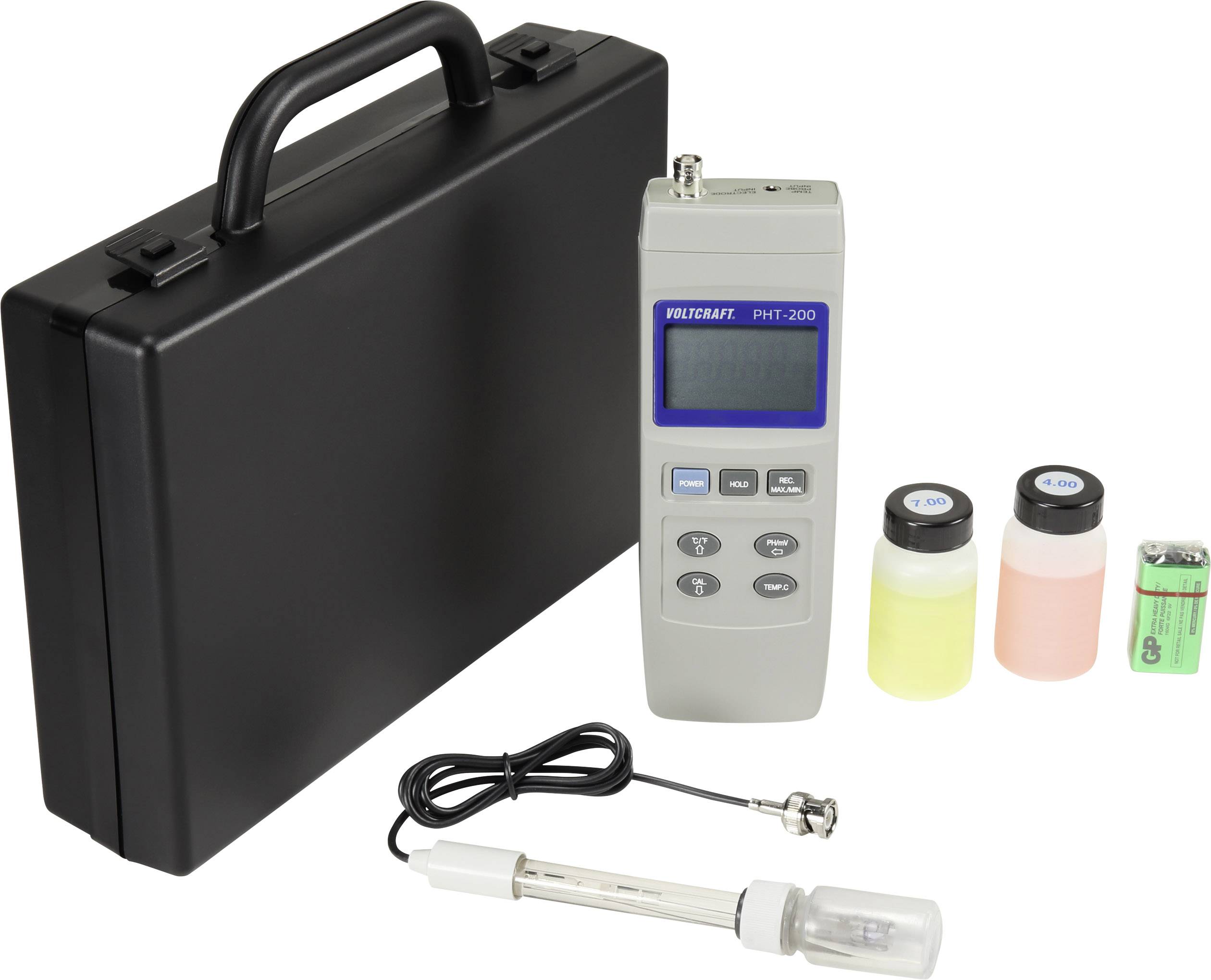 Portable pH Meter Kit with digital measuring device, electrodes, two calibration solutions and a battery, presented in a carry case.