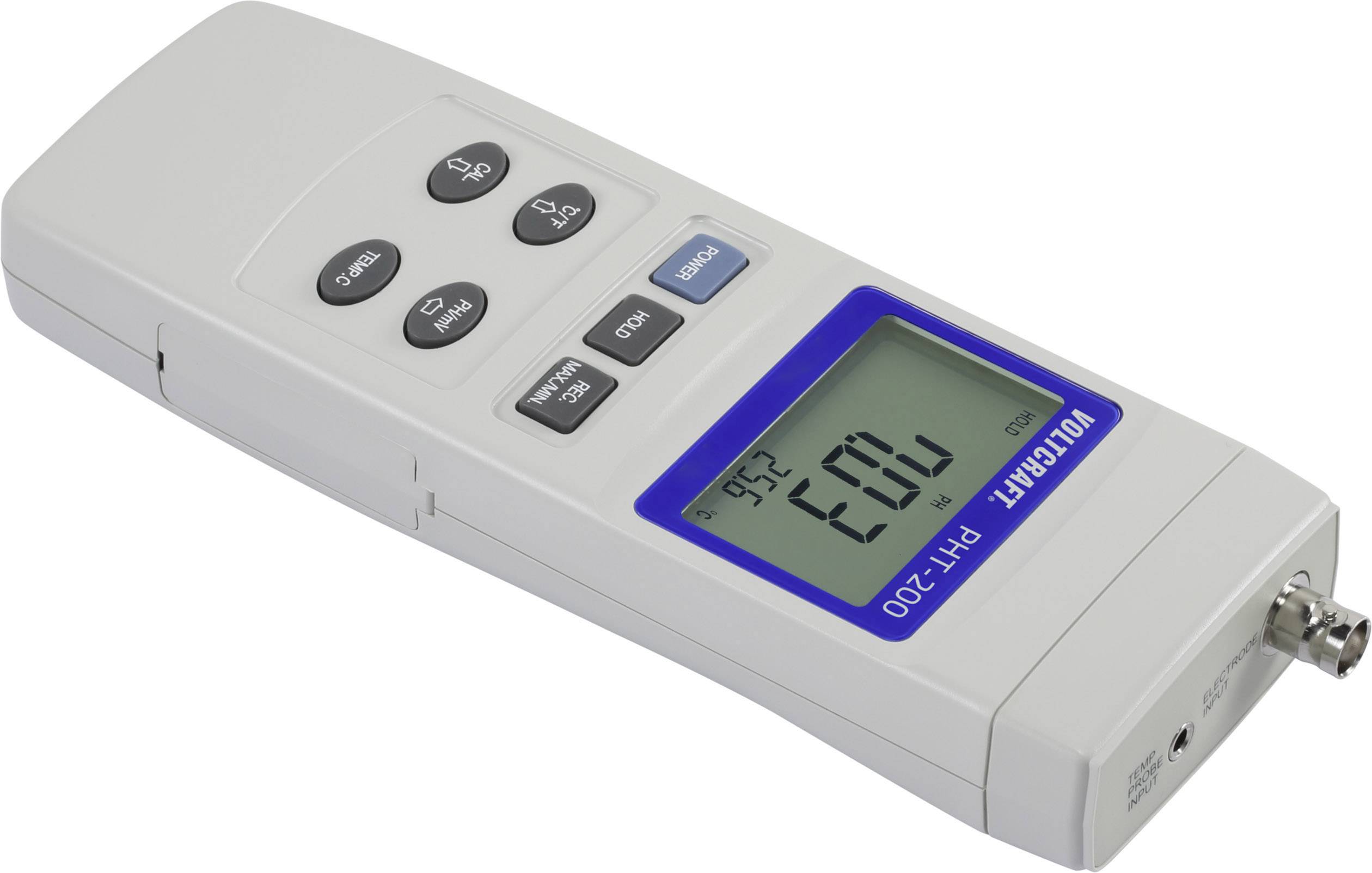 Portable digital pH metre with display showing '6.02', control buttons beside the display, brand 'Voltcraft', model 'PH-100'.