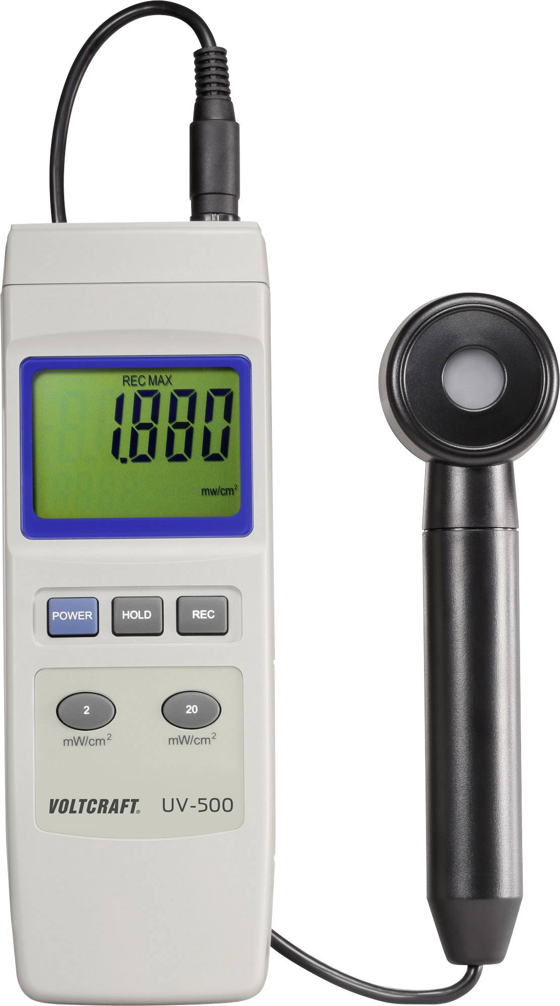 Compact Voltcraft UV-500 measuring device with display, showing a reading of 1880. Used for measuring UV radiation.