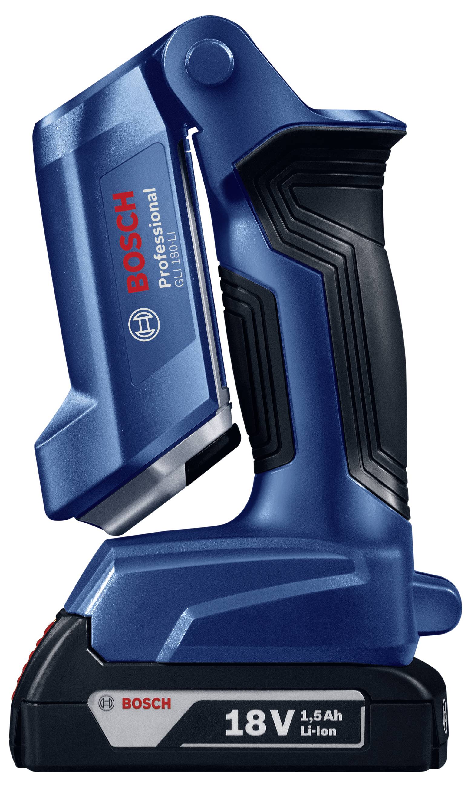 Portable Bosch LED Work Light, 18V Li-Ion, ergonomically shaped handle, for professional use in construction or renovation.