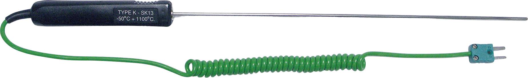 Temperature sensor with a long probe and green spiral cable, terminating in a flat, two-pole plug.