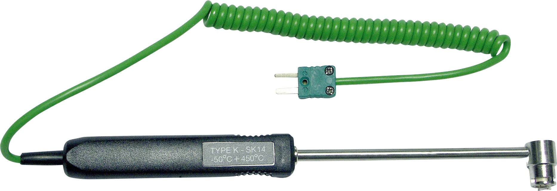 Green spiral cable with a Type K thermocouple on one side and a metal probe on the other side.