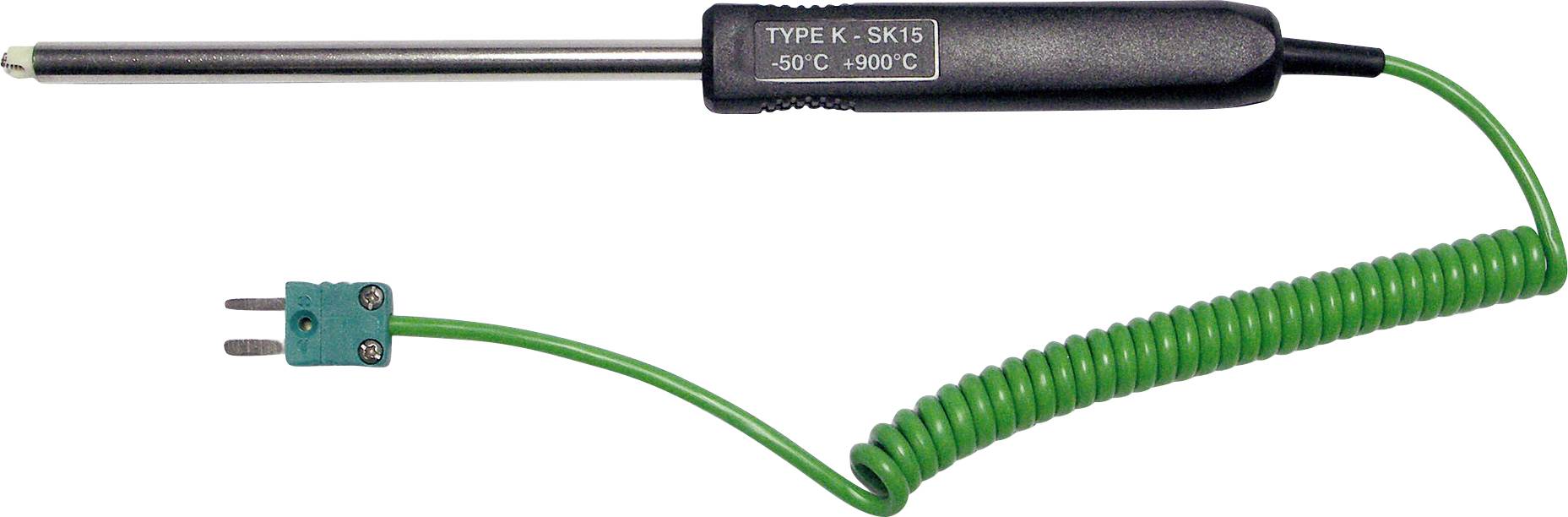 A temperature-resistant Type K probe with a green coiled cable and metal sensor, suitable for temperatures from -50°C to 900°C.