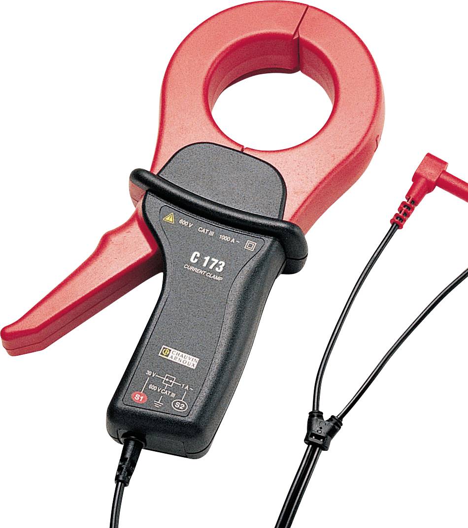 Red Clamp Ammeter, Model G173, for measuring electric current. Two black cables for current connection.Note: This translation maintains the original technical description and uses British English spelling and terminology.