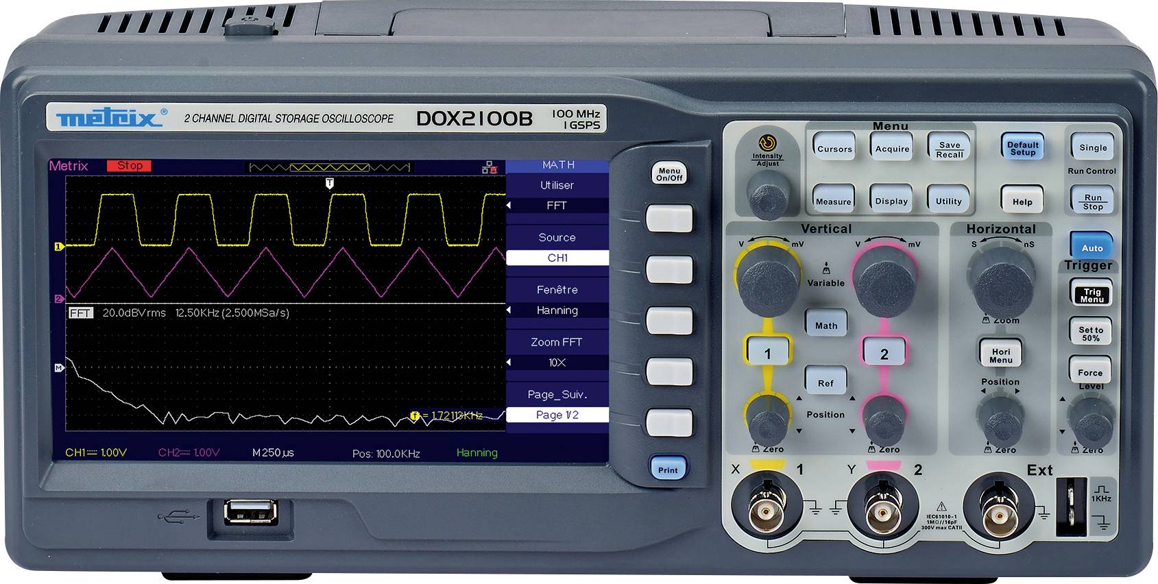 A digital oscilloscope with a dual-channel display, showing electrical signals. It has multiple controls for signal management.