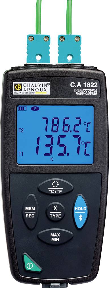 Digital thermometer with display showing 78.6°C and 135.7°C. Two green cables protrude from the top.