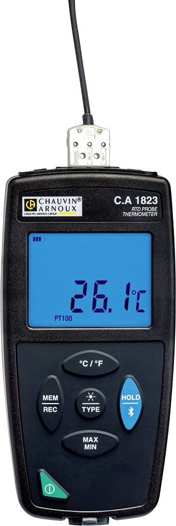 A digital thermometer with a blue display shows 26.1°C. A cable is connected at the top. Brand name 'Chauvin Arnoux C.A 1823'.
