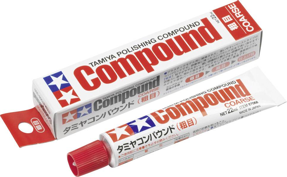 Red tube and box with the label 'Tamiya Polishing Compound Coarse', product for model maintenance, with white and blue details.