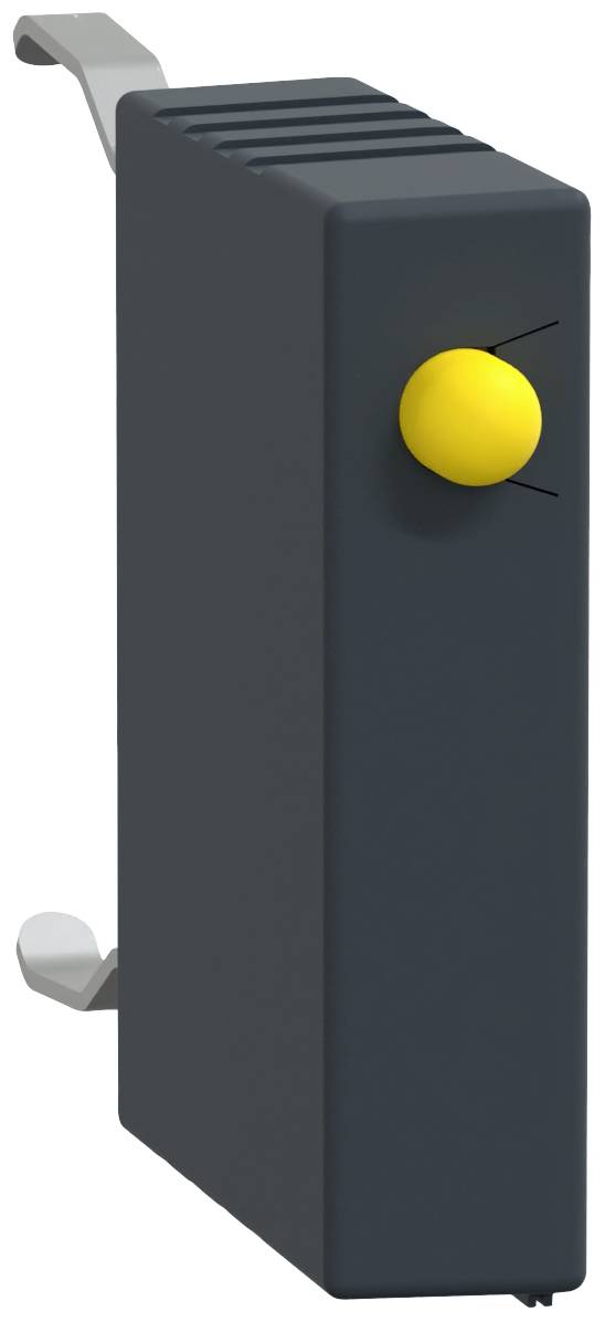 Black, rectangular object with a yellow button on the front. Located in a vertical position with two metal hooks at the top and bottom.