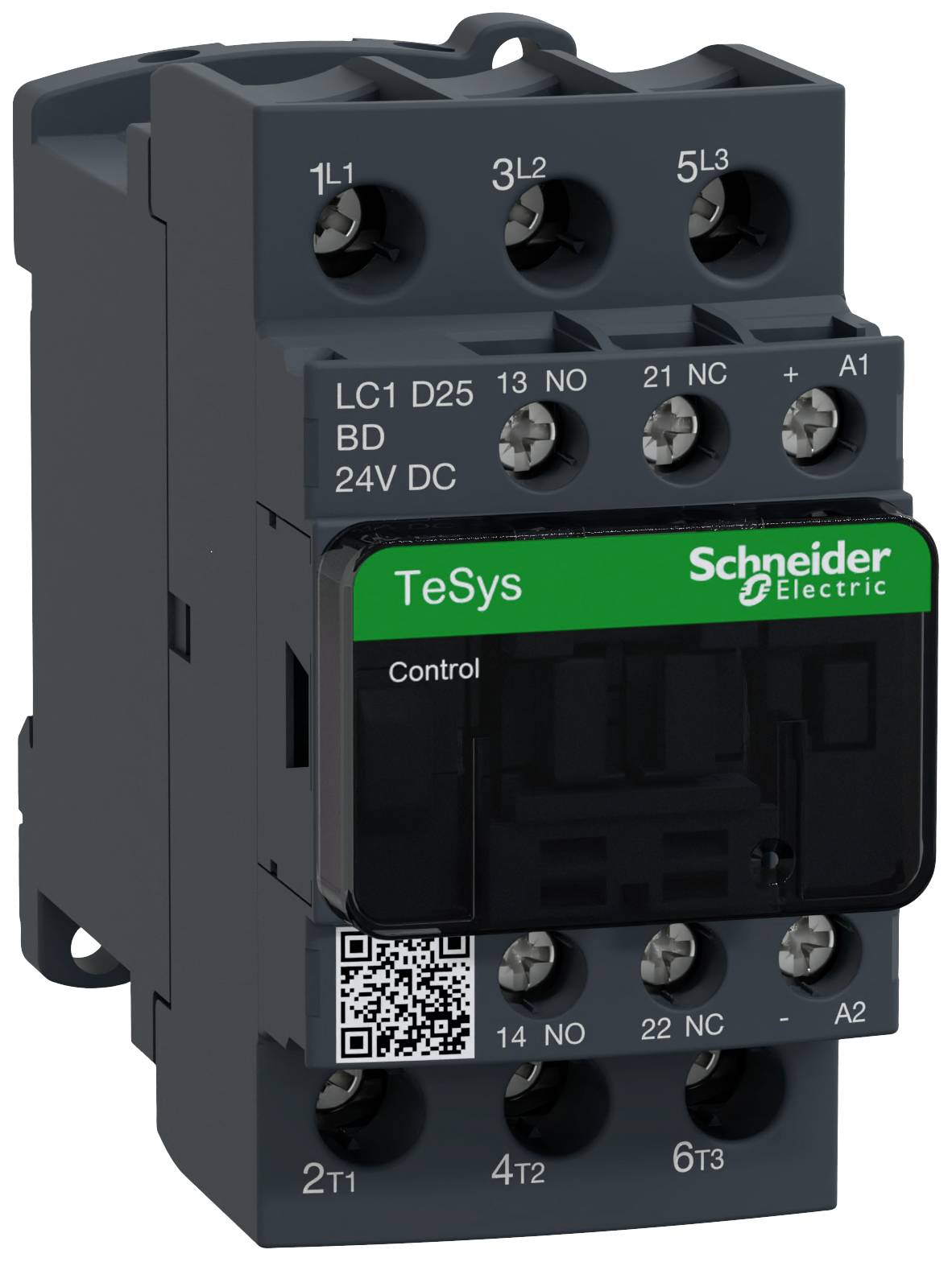 A black electric contactor with green 'TeSys Control' labelling from Schneider Electric. Connection terminals on the top and bottom.