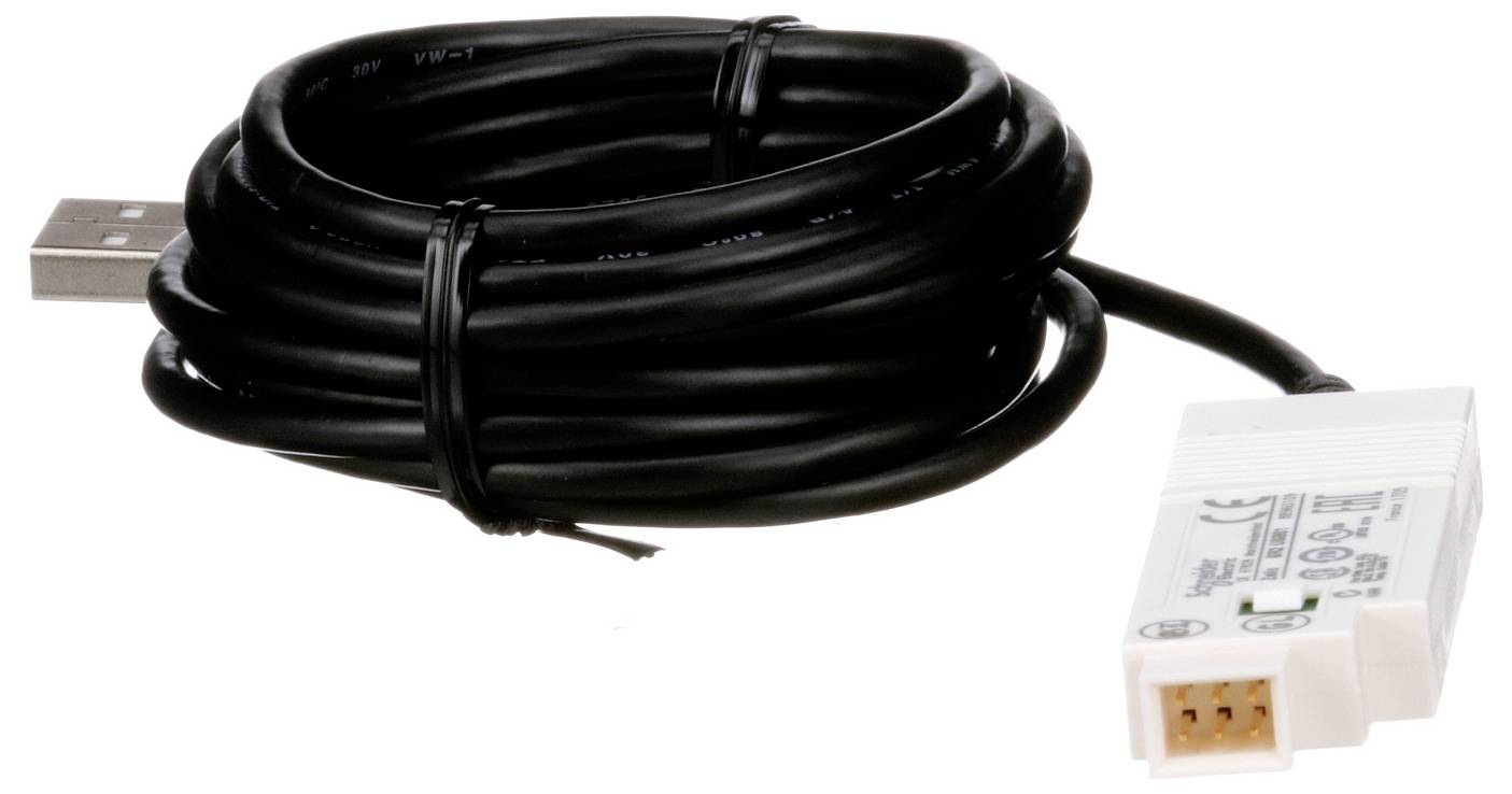 Black USB cable coiled with a white rectangular adapter connector on a plain background.