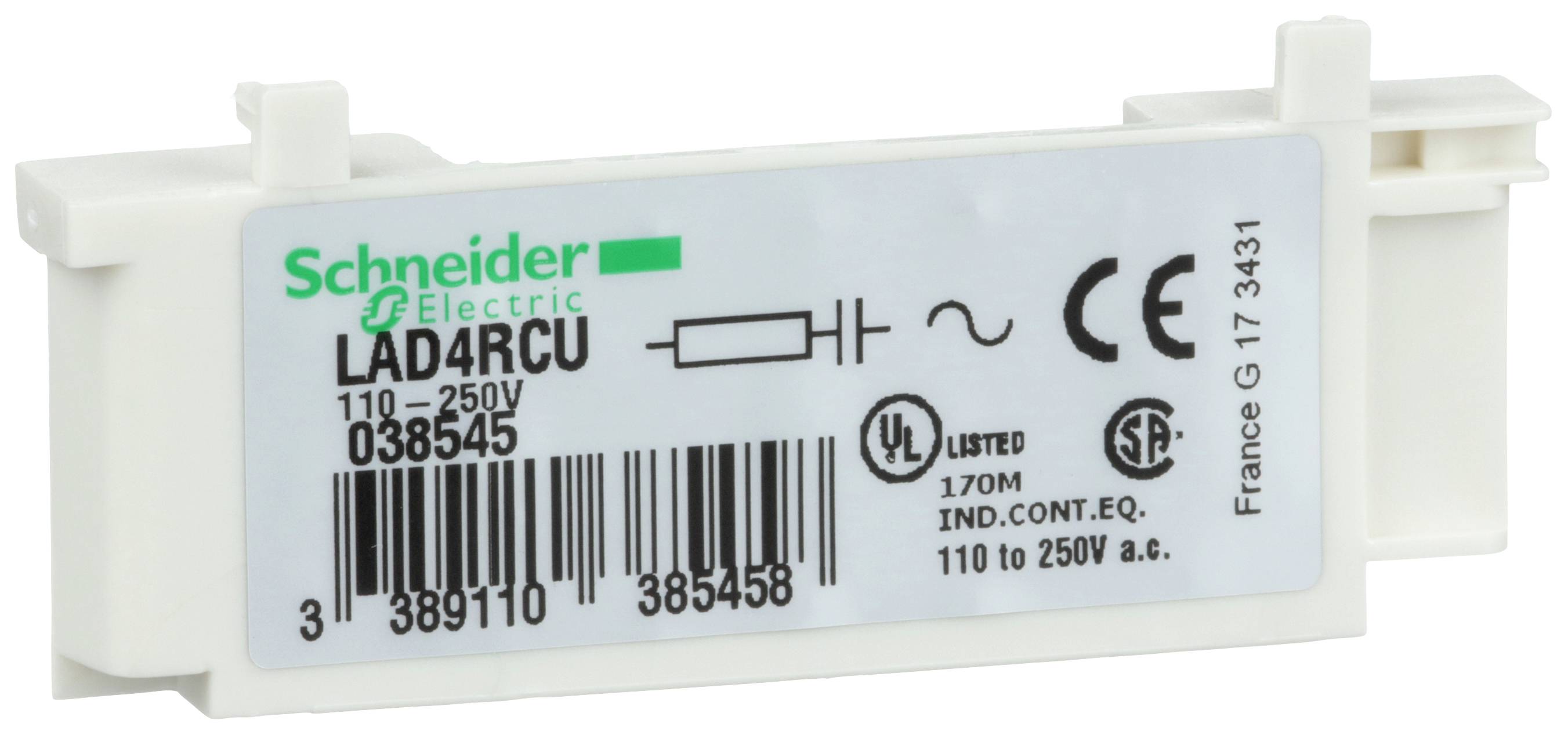 Labelled component from Schneider Electric for 110-250V, Model LAD4RCU, with barcode and technical symbols.